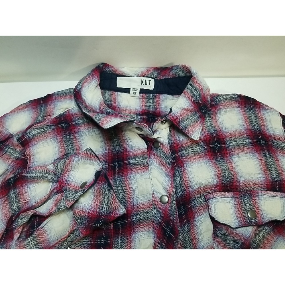 Kut from the Kloth Womens Plaid Snap Front Shirt XSP Petite Long Sleeve